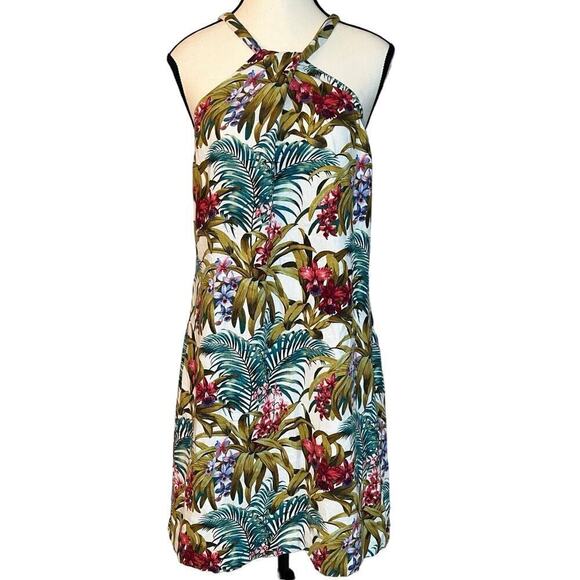 Tommy Bahama Linen Blend Halter Dress Sundress Tropical Floral Tie Neck Size M - Picture 1 of 12